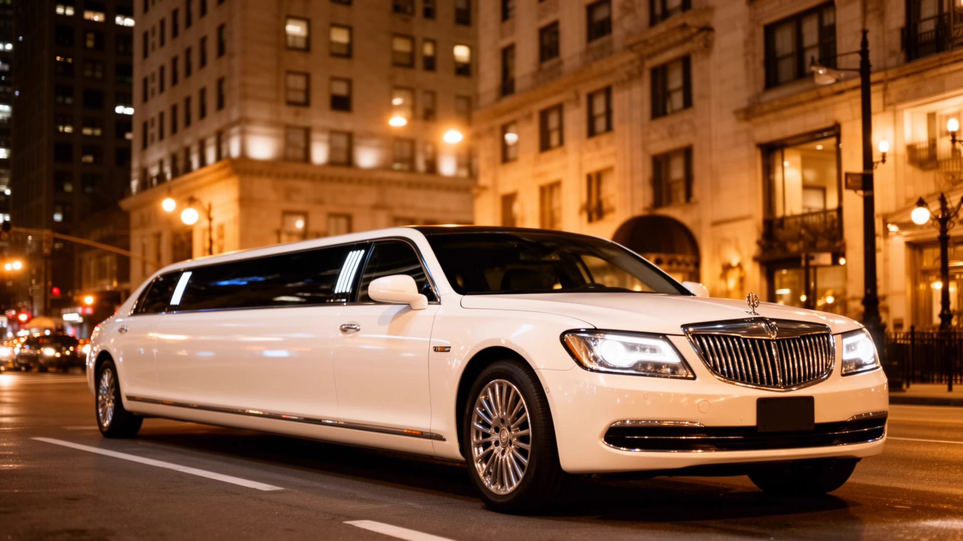 White limousine at night in downtown Chicago