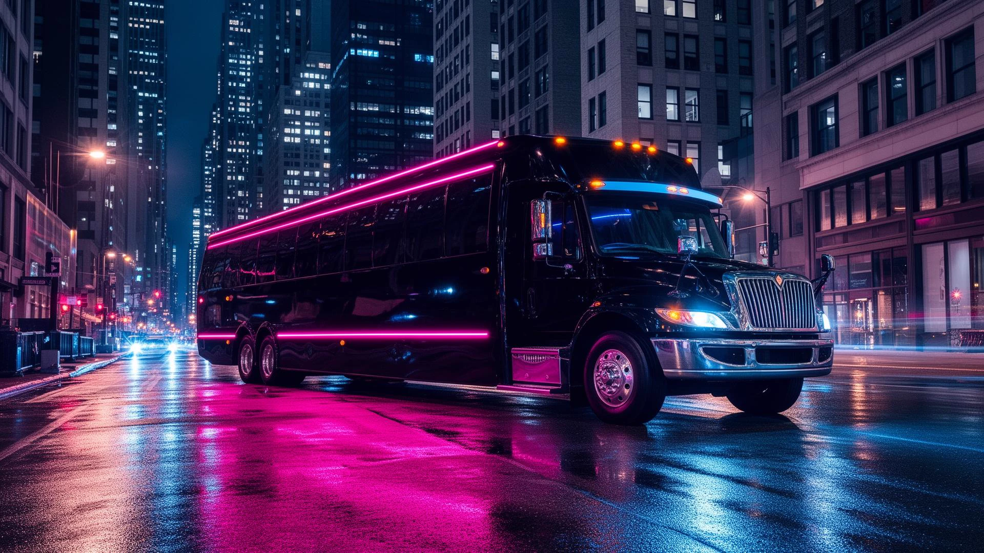 Black party bus in downtown Chicago at night