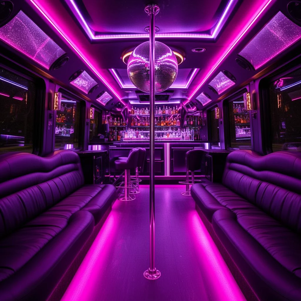 Luxury party bus interior with purple lighting